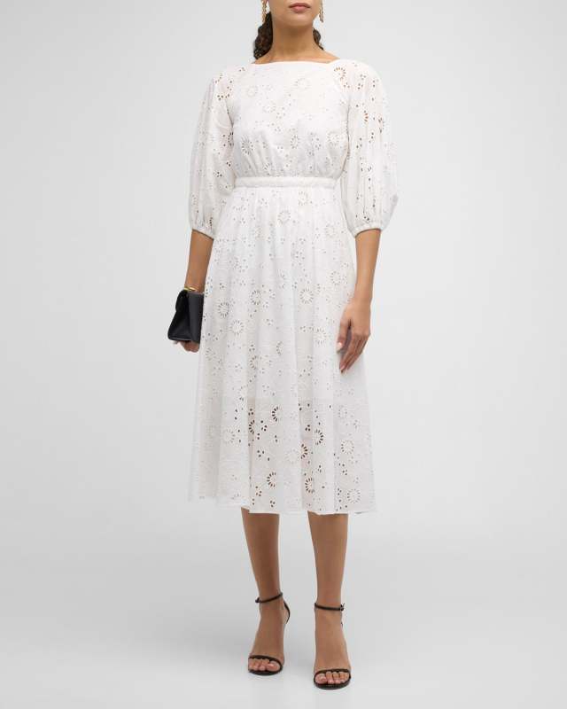 Shirred Puff-Sleeve Broderie Anglaise Midi Dress