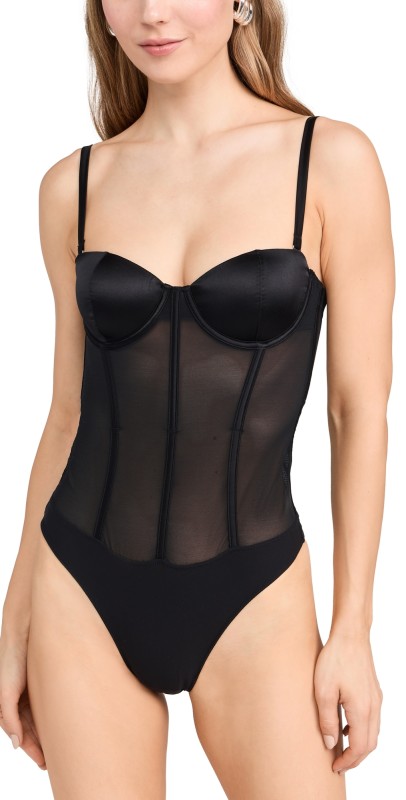 Fleur du Mal Silk and Mesh Bodysuit Black
