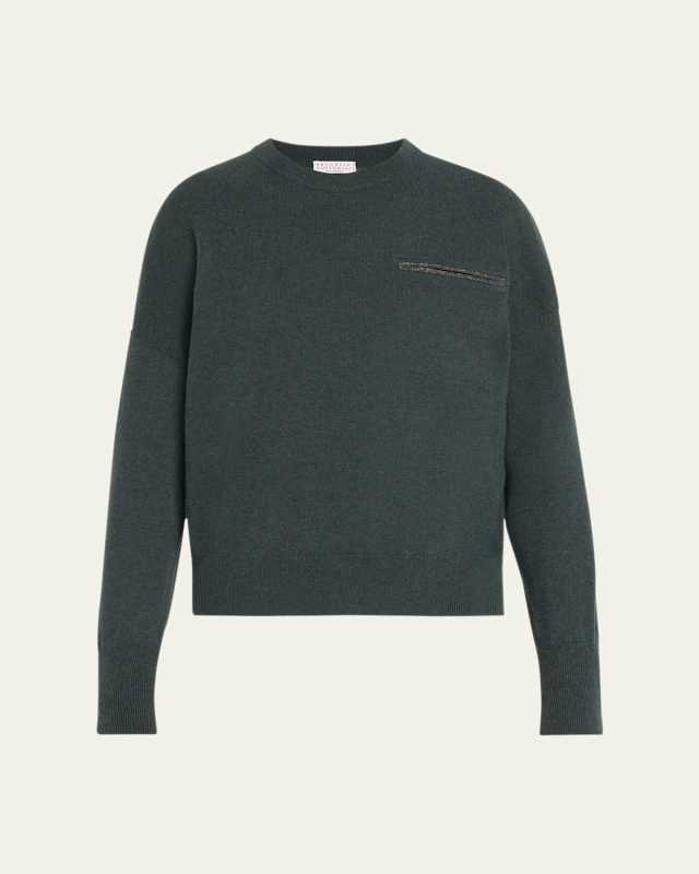 Cashmere Crewneck Knit Sweater With Monili Pocket