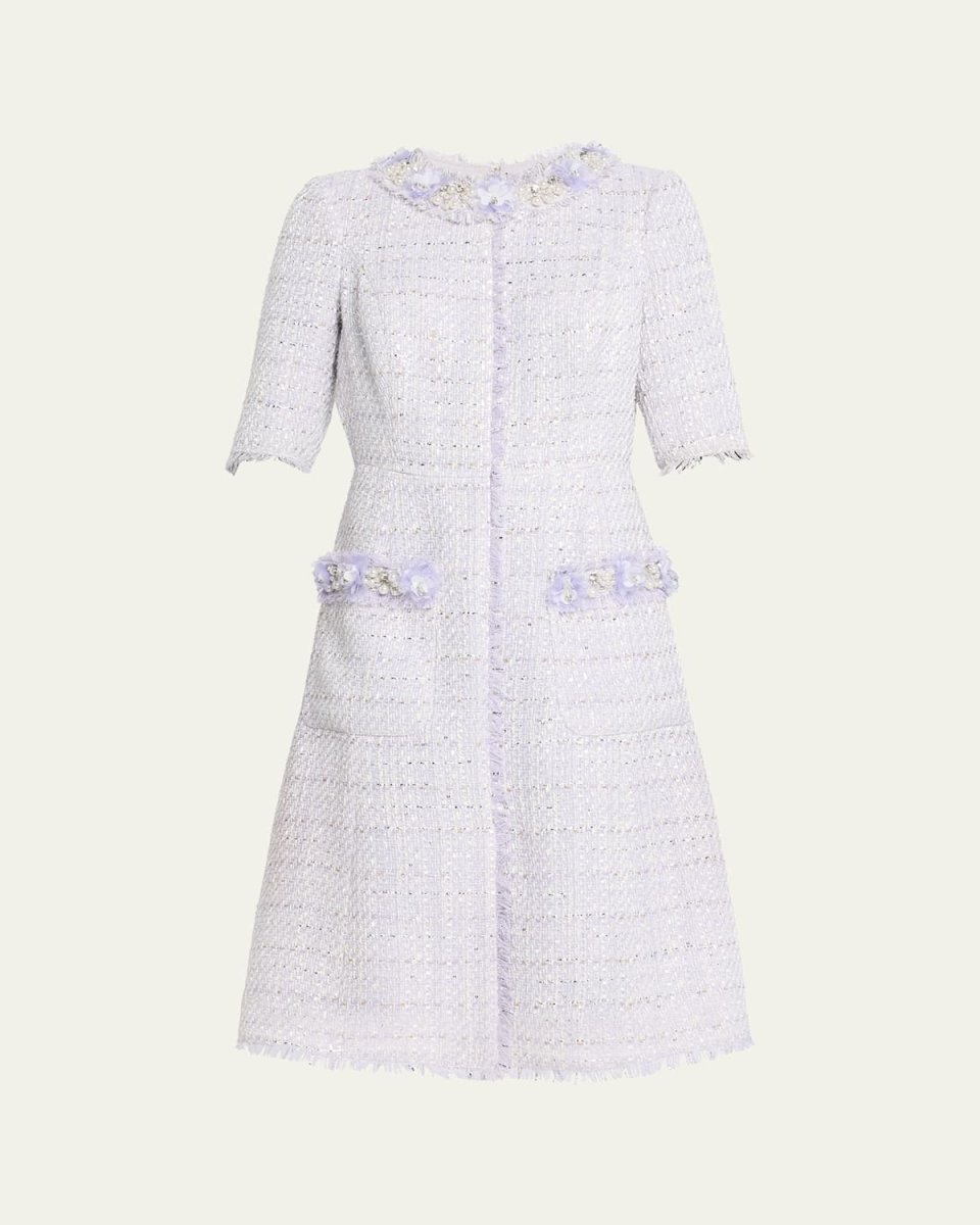 Bead-Embellished Fringe-Trim Tweed Midi Dress
