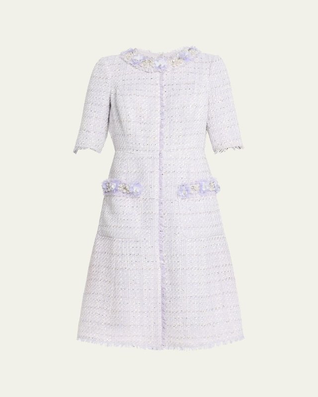 Bead-Embellished Fringe-Trim Tweed Midi Dress