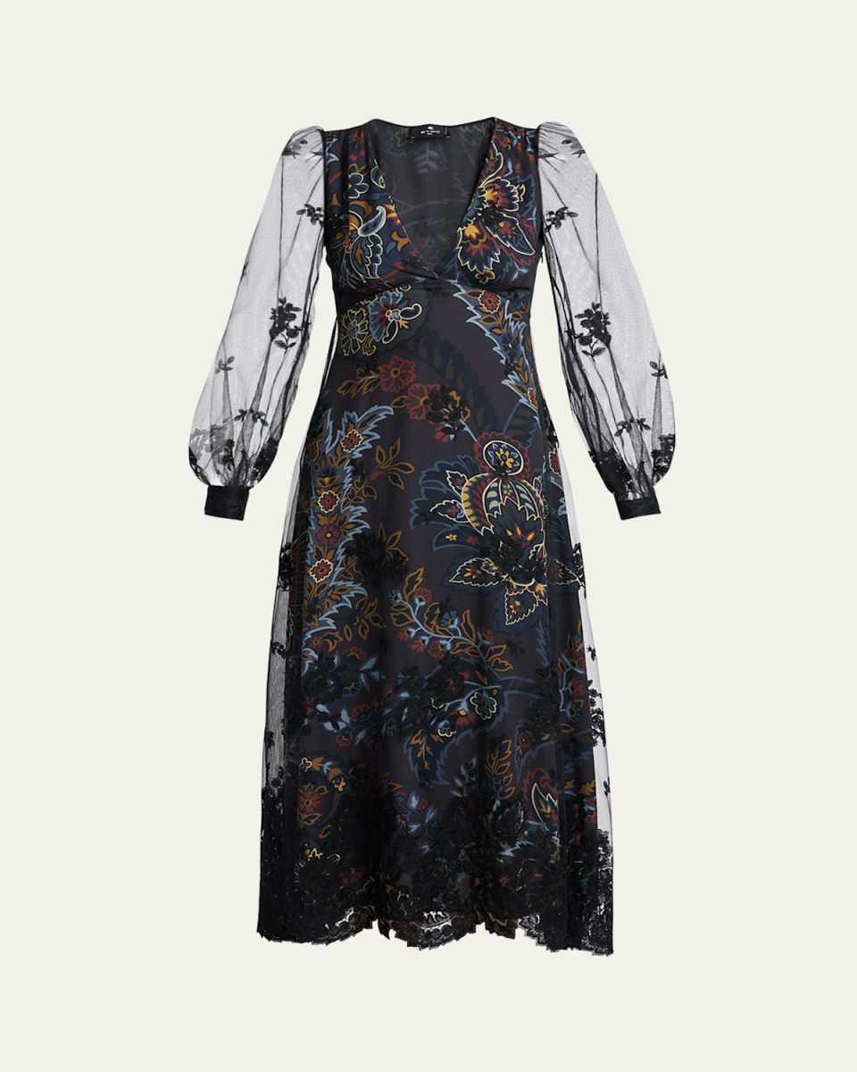 Printed Floral Embroidered Balloon Sleeve Midi Dress
