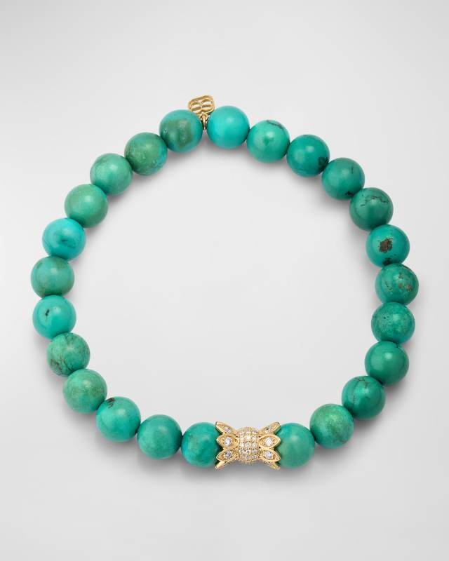 14K Yellow Gold Diamond Marquise Eye Candy Wrapper Bead on Green Turquoise Bracelet