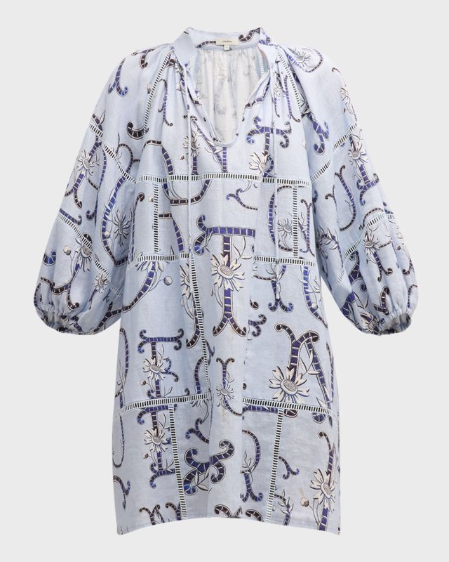 Floral-Print Lace-Inset Linen Mini Dress