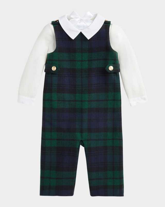 Boy's Plaid-Print Overalls W/ Bodysuit Set, Size 9M-24