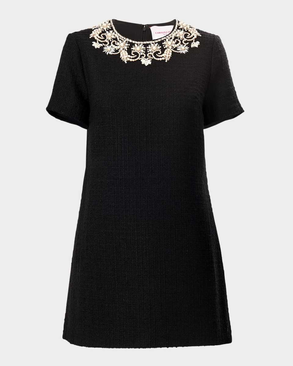 Embellished Short-Sleeve Tweed Mini Dress