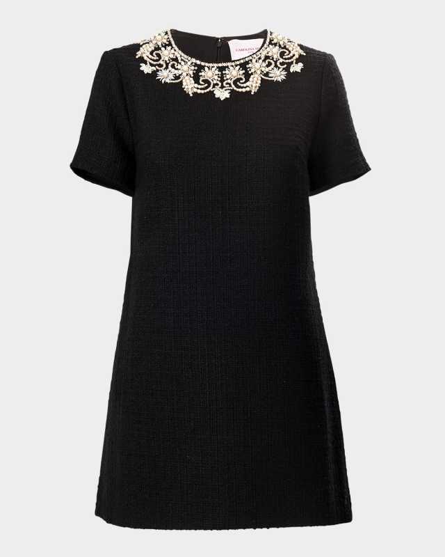 Embellished Short-Sleeve Tweed Mini Dress