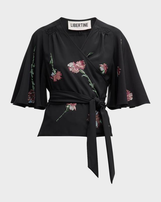 Cecil Beaton Pink Carnation Butterfly Embellished Wrap Blous