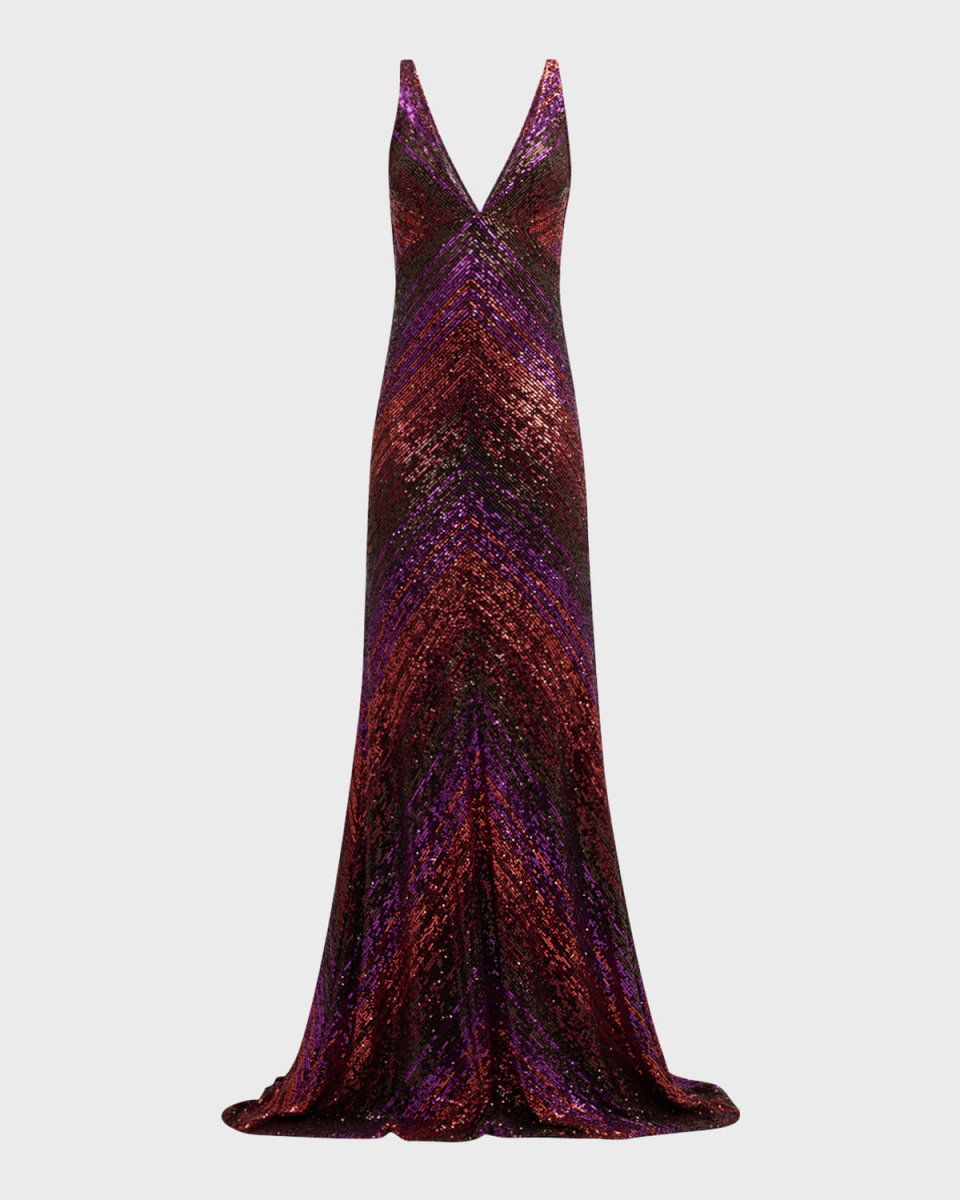 Plunging Sequined Cowl Backless Gown