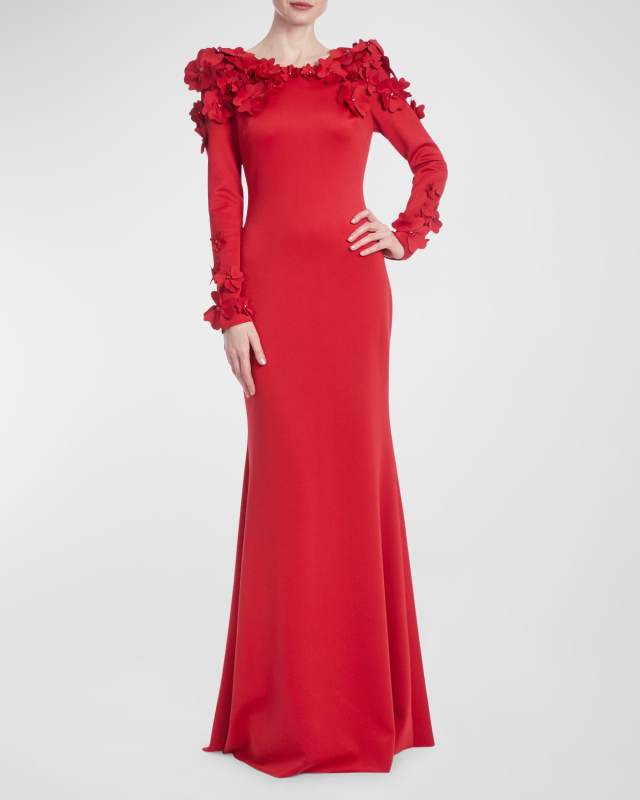 Long-Sleeve Floral Applique Trumpet Gown