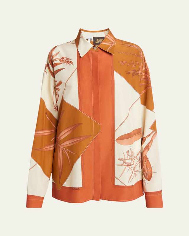 Leaf Print Boxy Silk Blouse