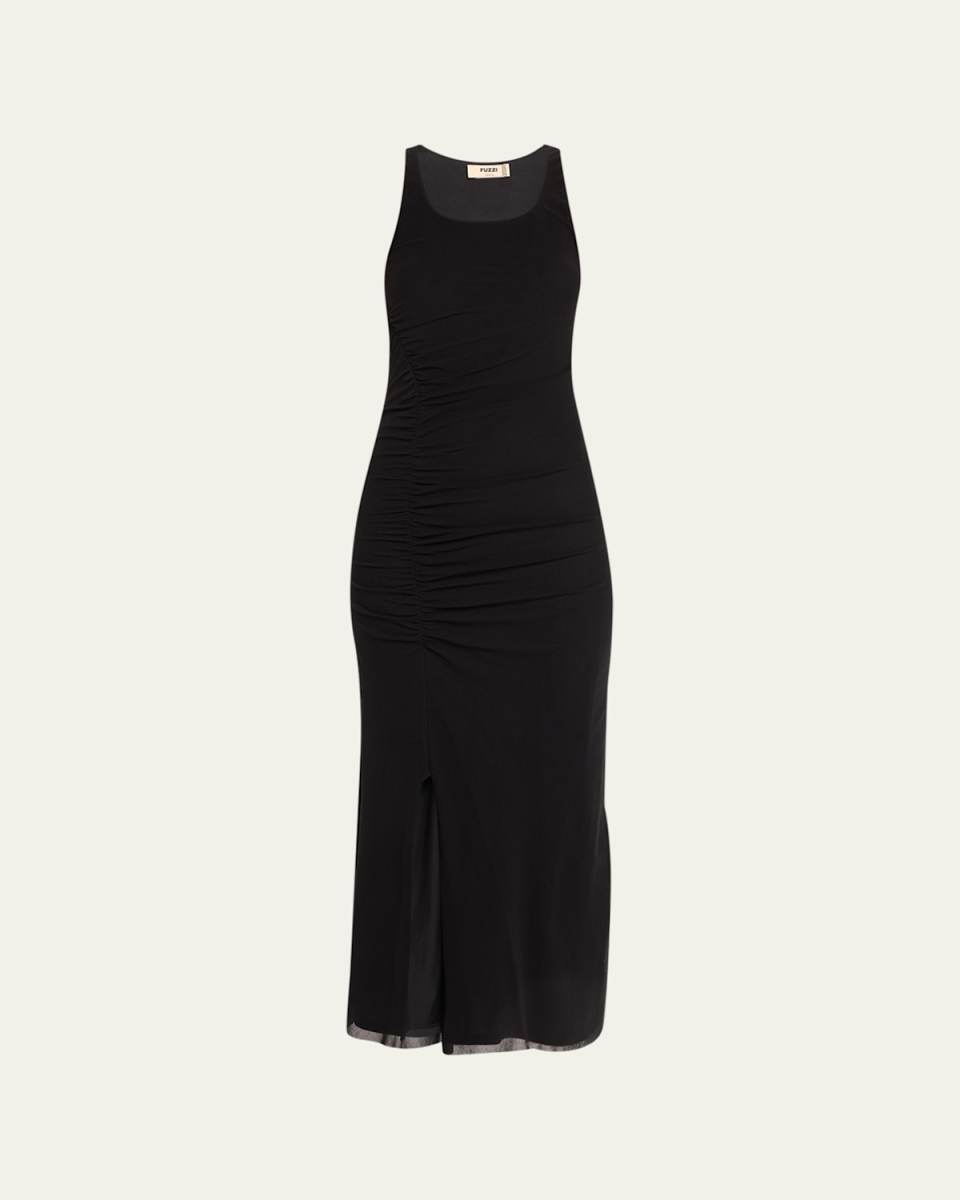 Ruched Scoop-Neck Tulle Midi Dress
