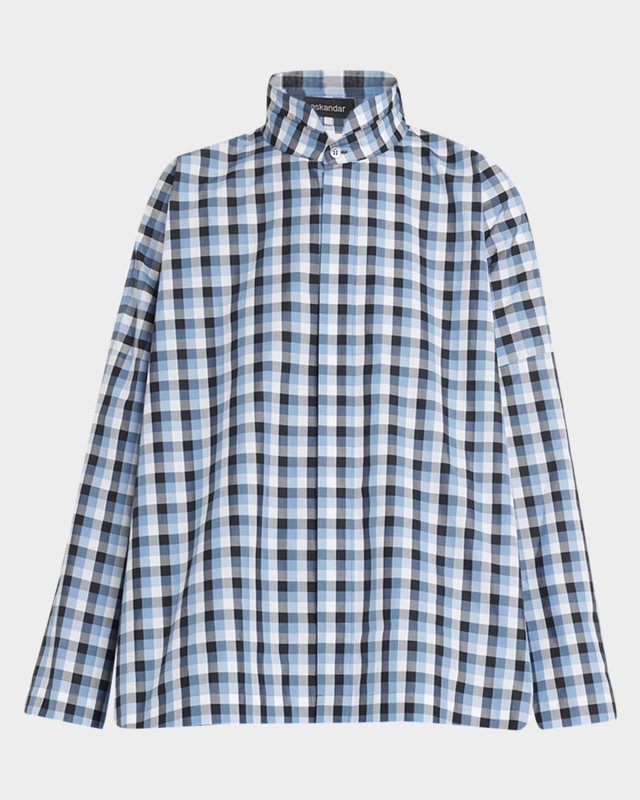 Wide Longer-Back Plaid Shirt with Double Stand Collar (Mid-Plus)