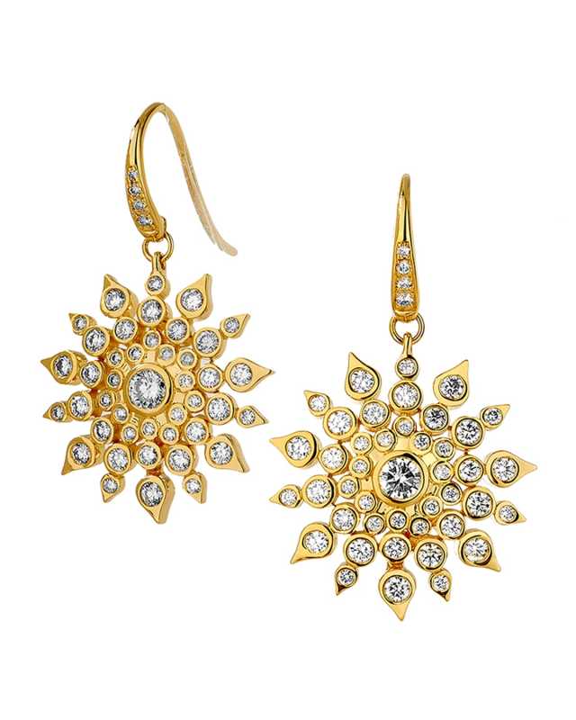 18K Yellow Gold Diamond Starburst Drop Earrings