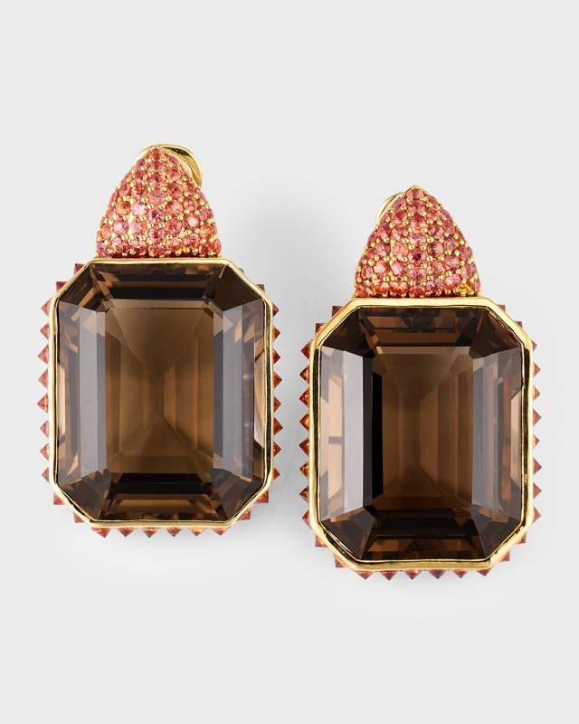 18K Yellow Gold Emerald Cut Smoky Quartz and Orange Sapphire Large Earrings
