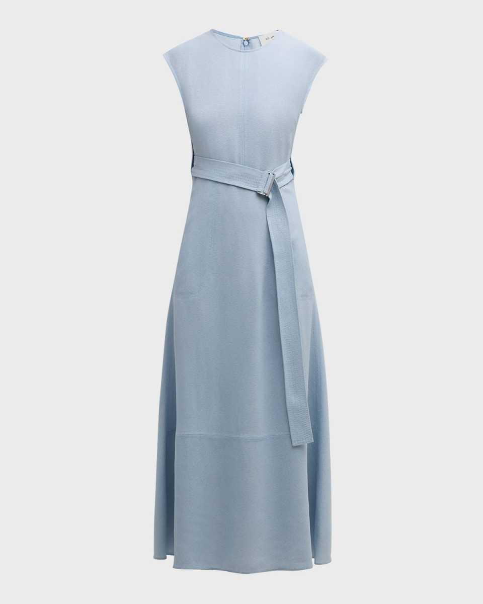 Cap-Sleeve Belted Italian Light Weight Textured Crepe Midi Dress