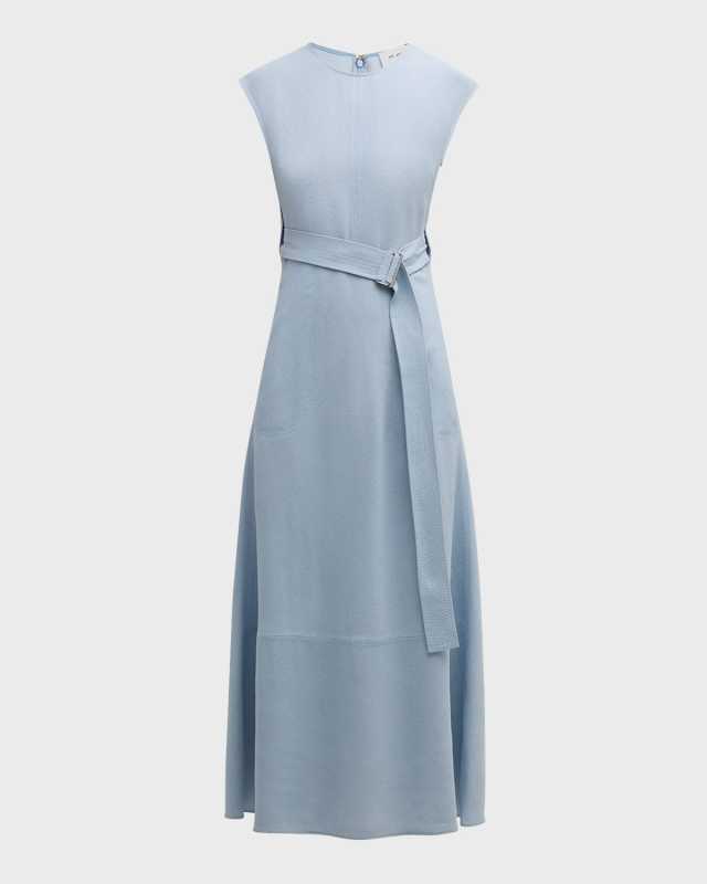 Cap-Sleeve Belted Italian Light Weight Textured Crepe Midi Dress
