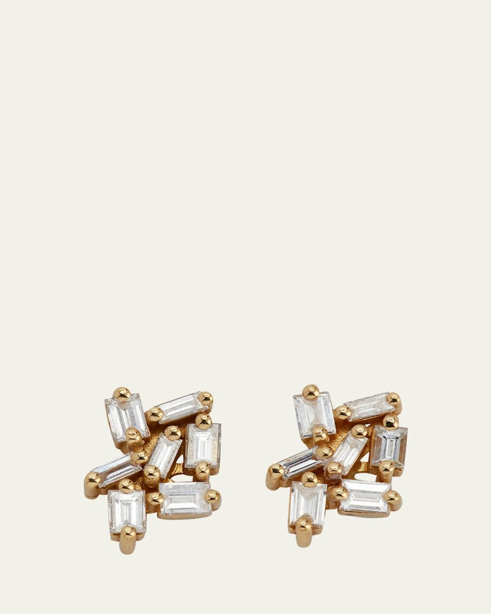 Small White Baguette Diamond Cluster Earrings in 18K Gold