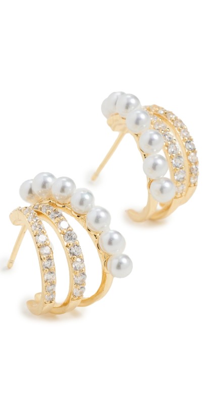 By Adina Eden Pearl x CZ Triple Row Open Hoop Earrings Gold
