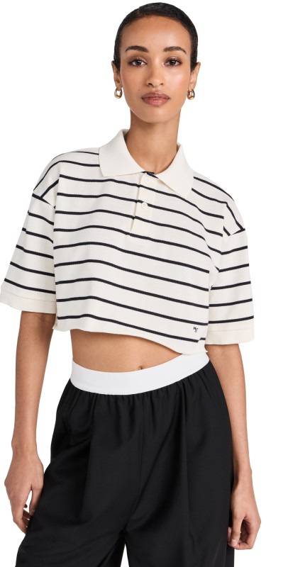 HOMMEGIRLS Cropped Stripe Pique Polo Black/White
