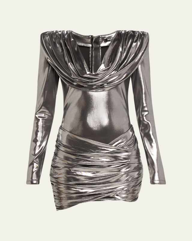 Metallic Draped Cowl-Neck Mini Dress