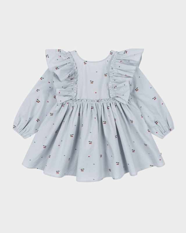 Girl's Evia Cherry-Print Frill Bow Dress, Size 18M-6