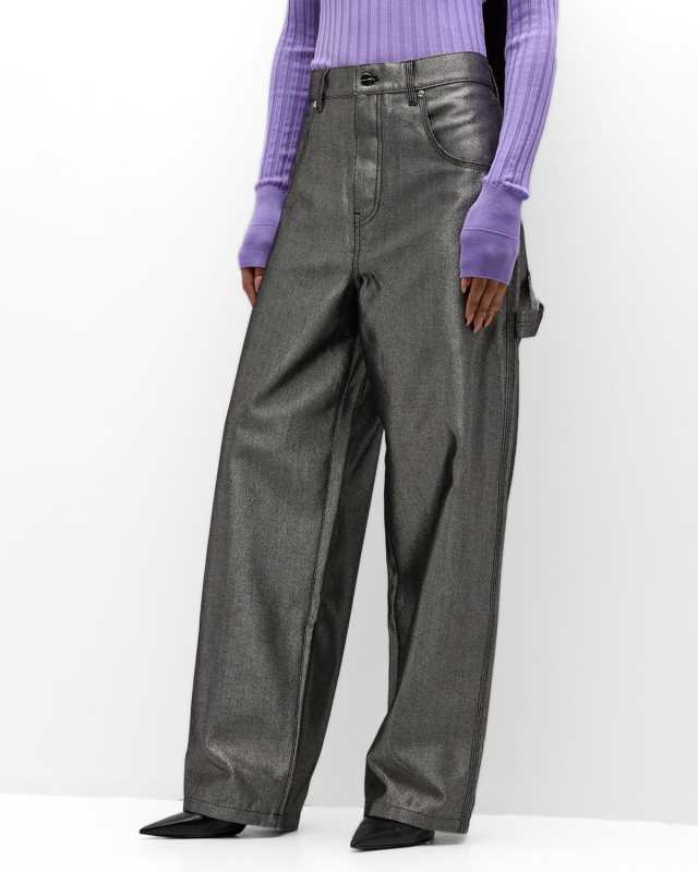Mid-Rise Reflective Oversized Wide-Leg Carpenter Jeans