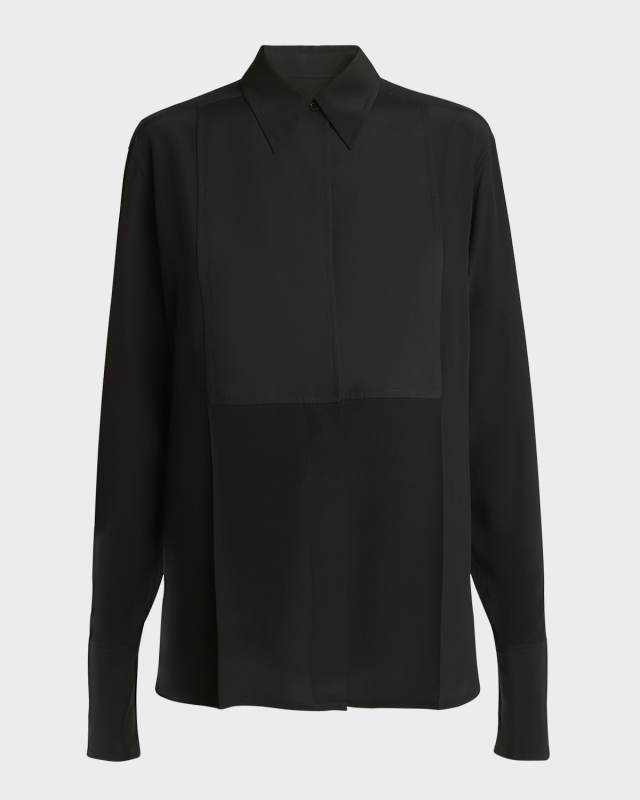 Contrast Bib Button Down Silk Blouse