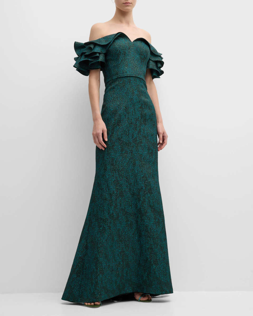 Off-Shoulder Flutter-Sleeve Jacquard Gown