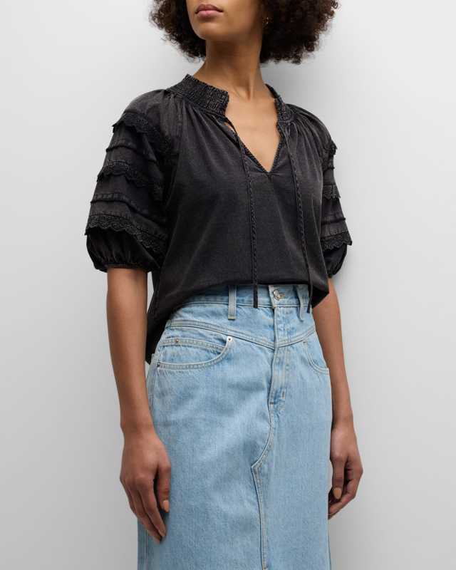 Amity Acid Wash Puff-Sleeve Blouse