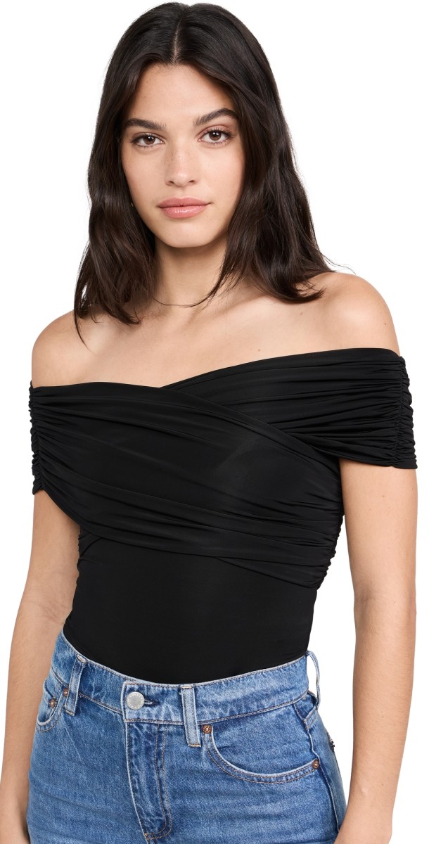 alice + olivia Arverne Off The Shoulder Cross Thong Bodysuit Black