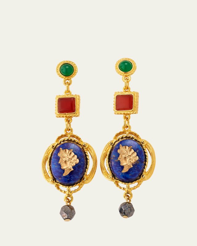 Allister Dangle Earrings with Emerald, Carnelian and Intaglio Stone