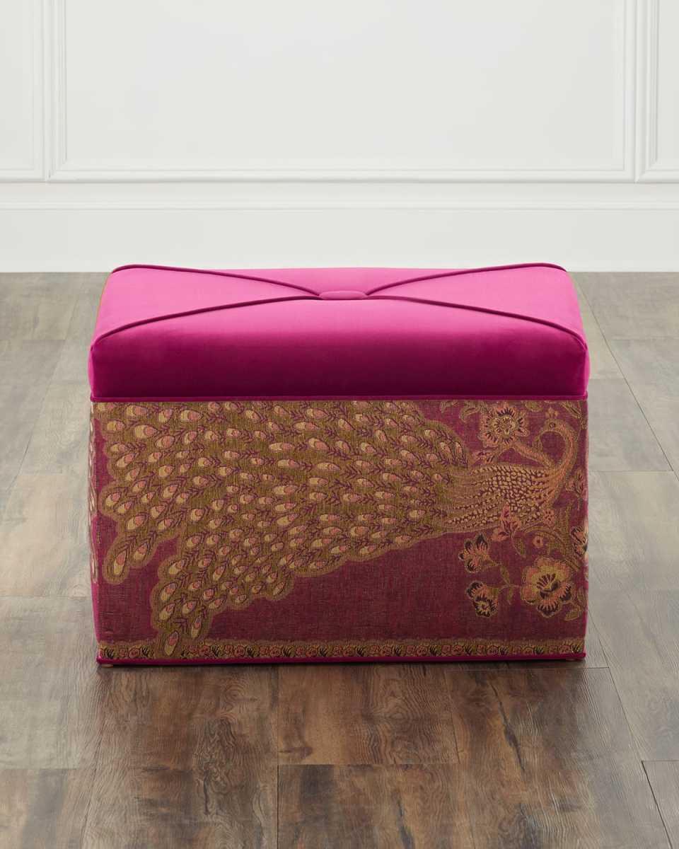 Jacquard Peacock Square Velvet Ottoman