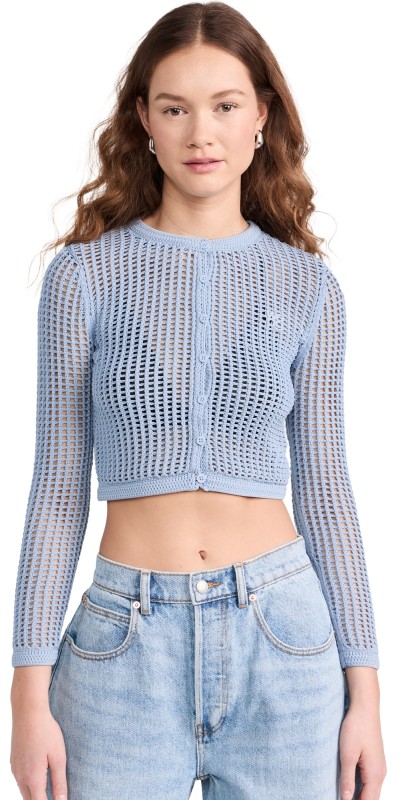 Alexander Wang Knit Cropped Crew Neck Cardigan with Embroidered Logo Dark Oxford Blue