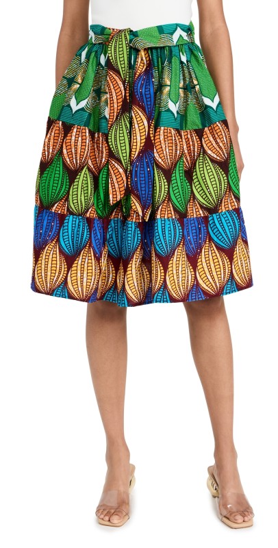 Studio 189 Cotton Wax Mixed Print Belted Midi Skirt Multicolor