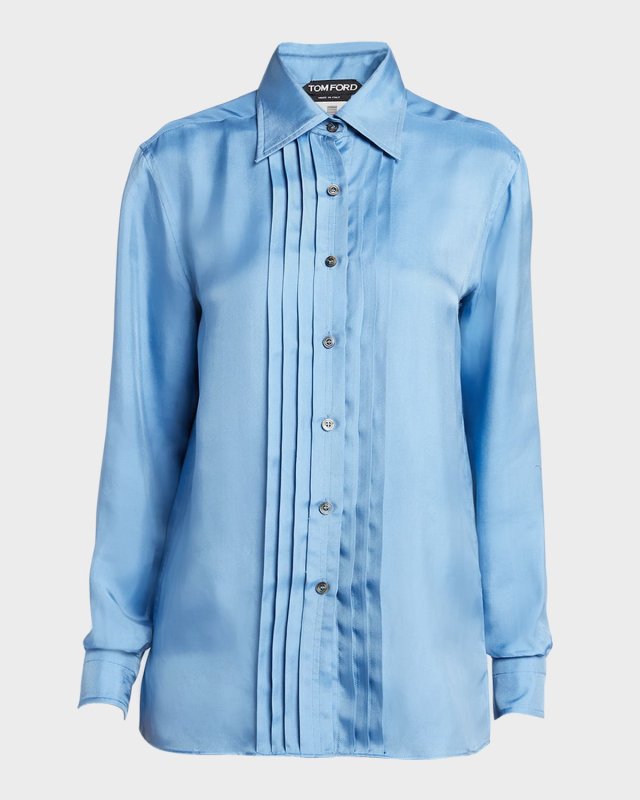 Pleated Silk Button-Front Blouse