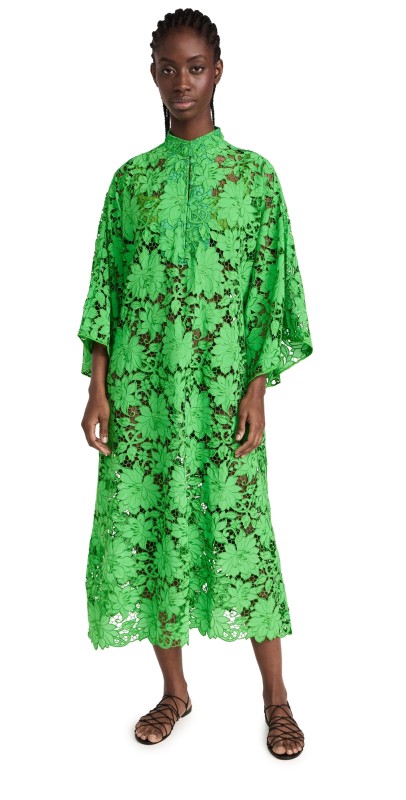 La Vie Style House Open Lace Floral Lace Maxi Caftan Bright Green