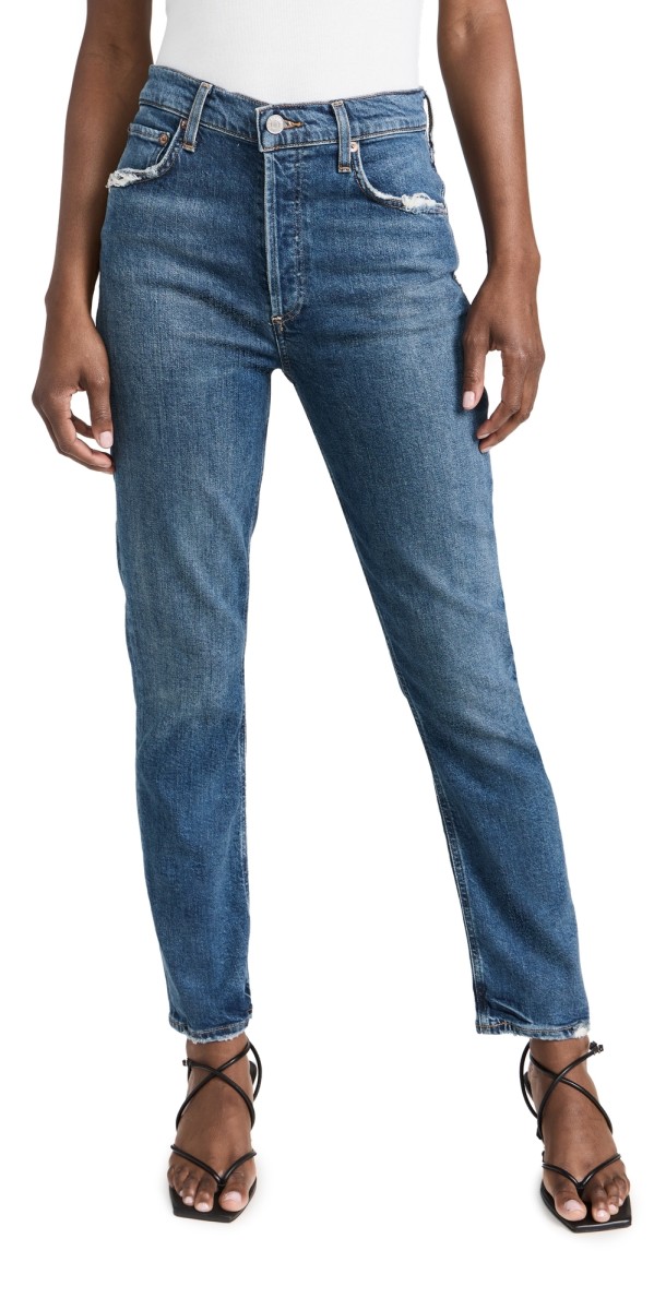 AGOLDE Riley Long: High Rise Straight Jeans Pose