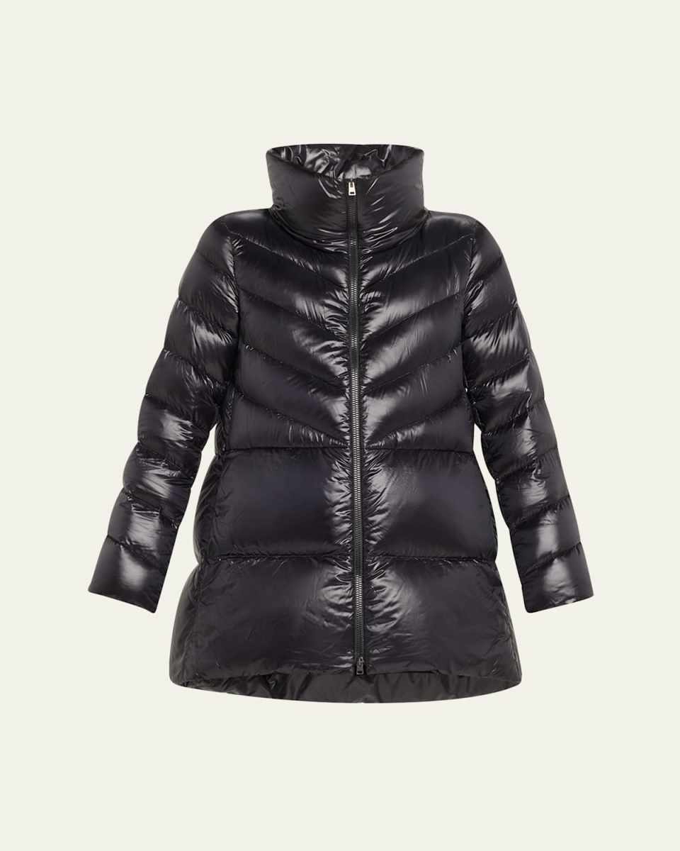 Water-Resistant Shiny Nylon A-Line Chevron Quilted Puffer Jacket