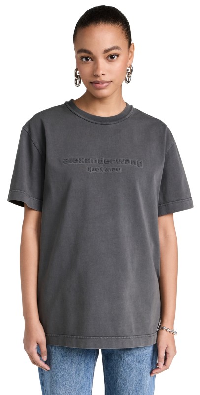 Alexander Wang Short Sleeve Tee with Acid Wash & Embossed Logo Soft Obsidian