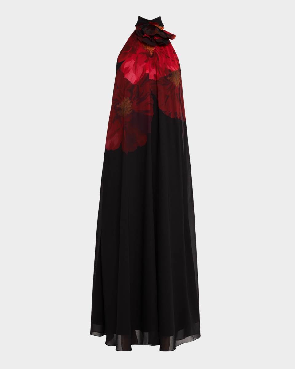 Floral-Print Halter Trapeze Gown