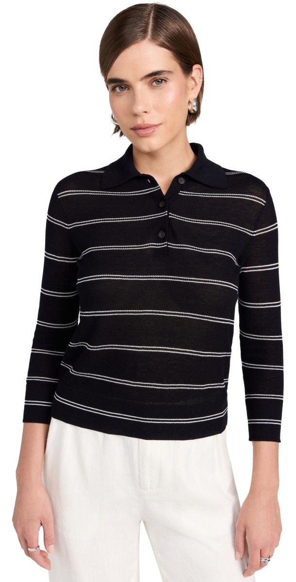 Vince Striped Pique Polo Coastal/Off White