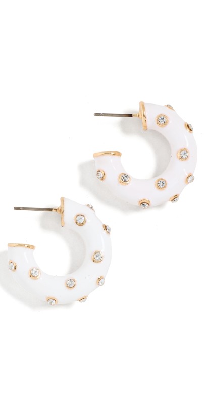 Kenneth Jay Lane White Enamel Hoops Gold/Crystal/Whit