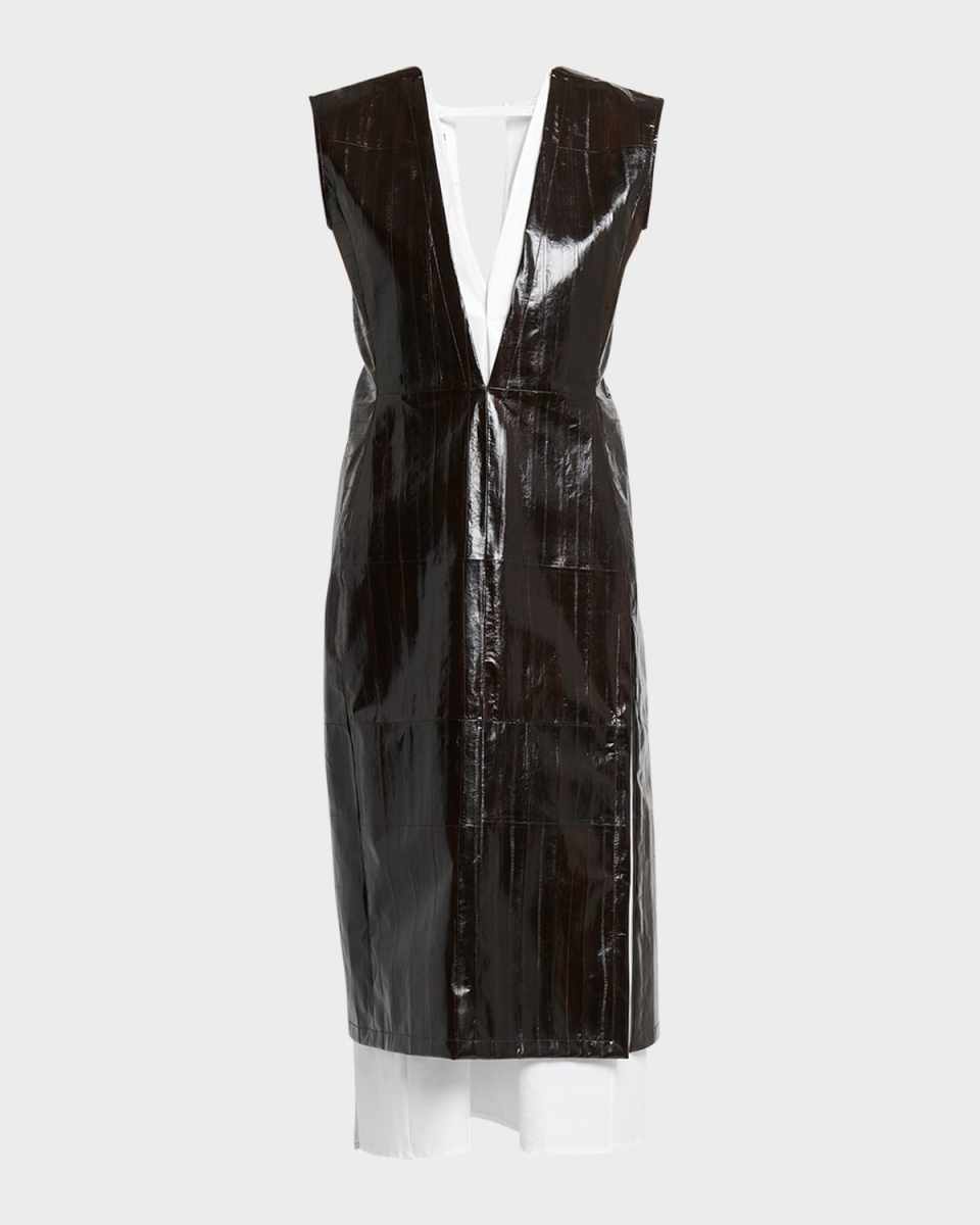 Plunging Sleeveless Paneled Leather Midi Dress