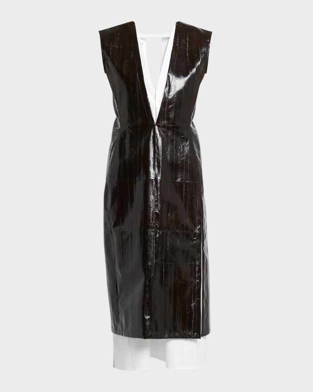 Plunging Sleeveless Paneled Leather Midi Dress
