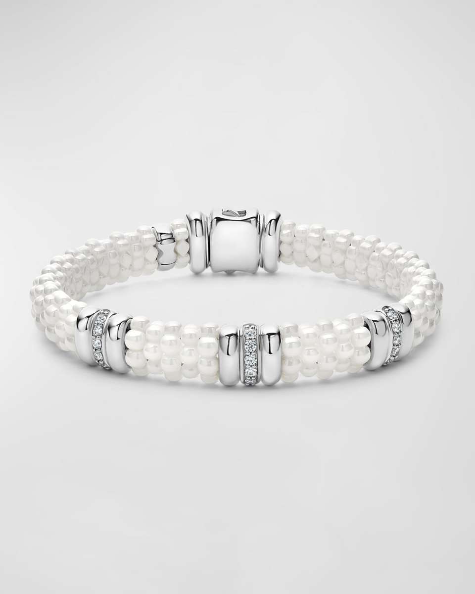 Sterling Silver and Gold White Caviar White Ceramic 3-Station Diamond 1-Row Bracelet