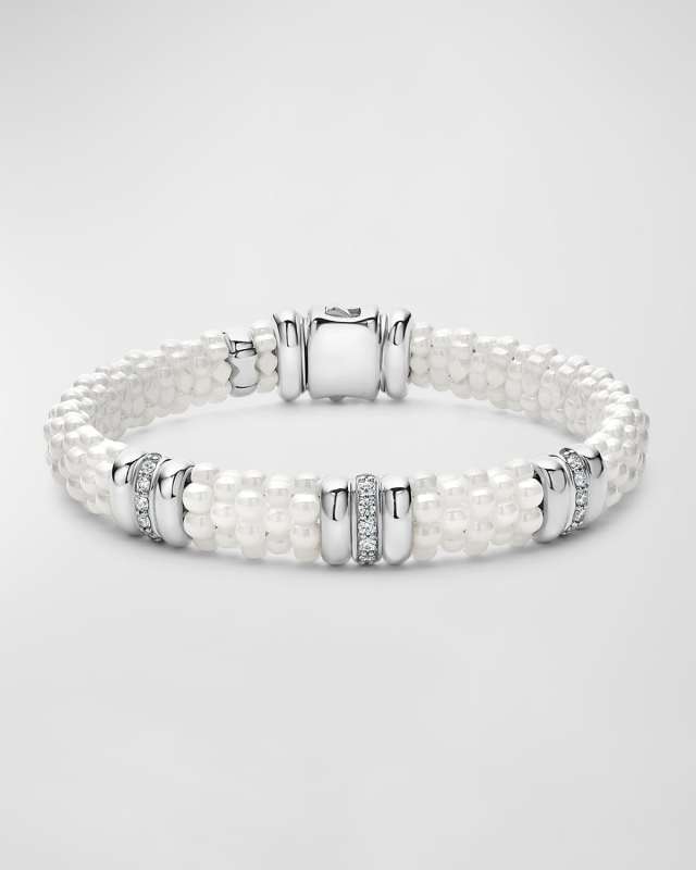 Sterling Silver and Gold White Caviar White Ceramic 3-Station Diamond 1-Row Bracelet