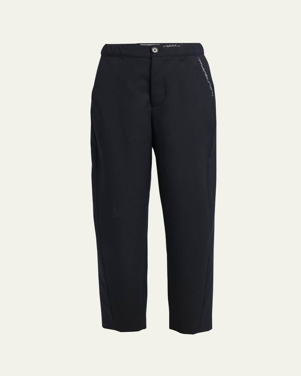 Hand-Stitch Logo Elastic-Waist Straight-Leg Ankle Trousers