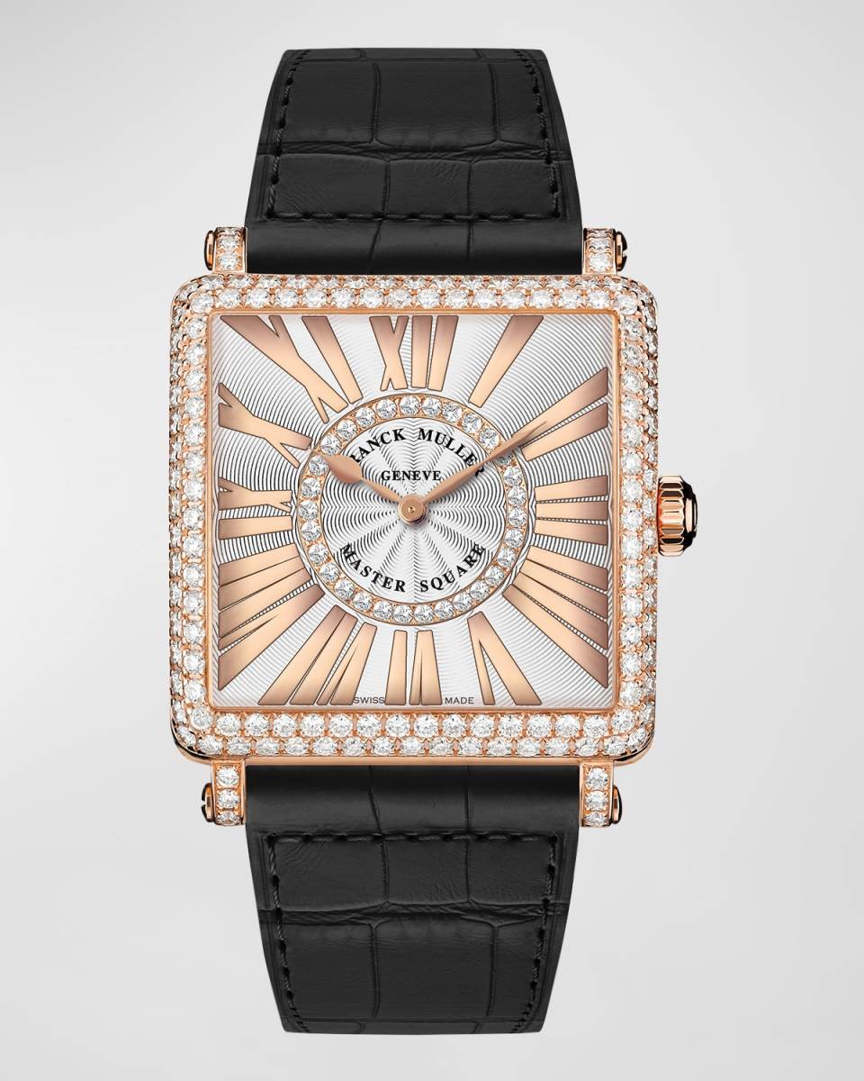 18K Rose Gold Master Square Diamond Watch with Alligator Strap