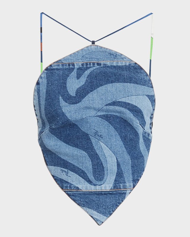 Swirl-Print Strappy Backless Crop Halter Top